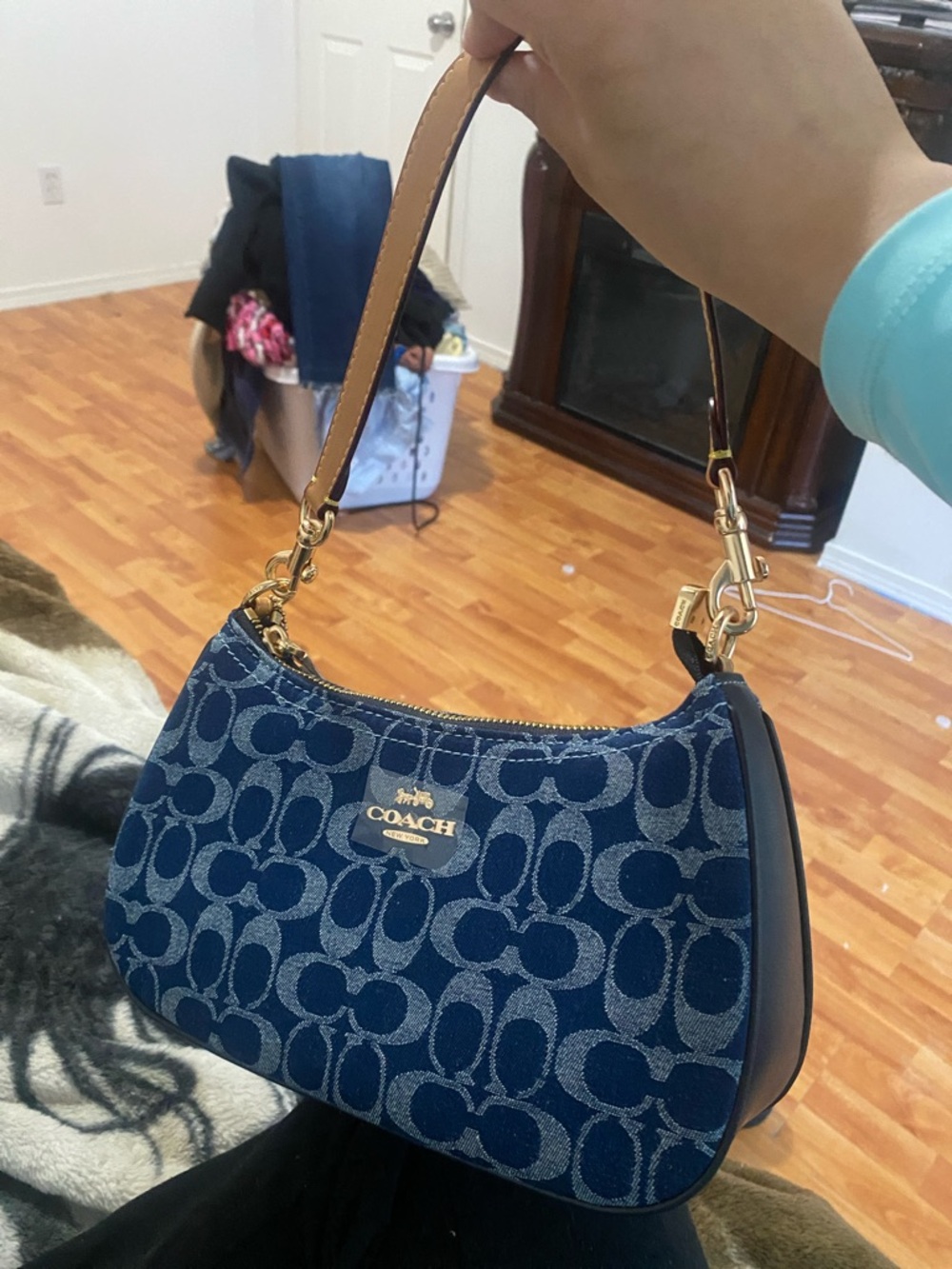Coach Denim Jacquard Shoulder Bag in Navy with Tan Strap